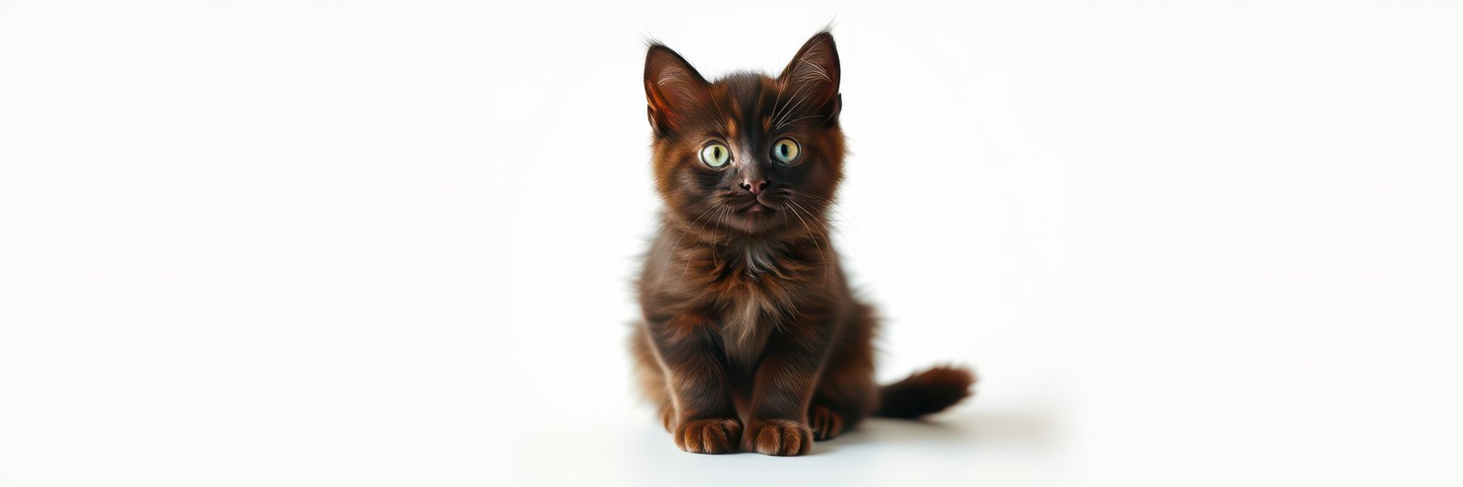 Cute brown kitten sitting on a light background, displaying curiosity and playfulness in a cozy indoor setting